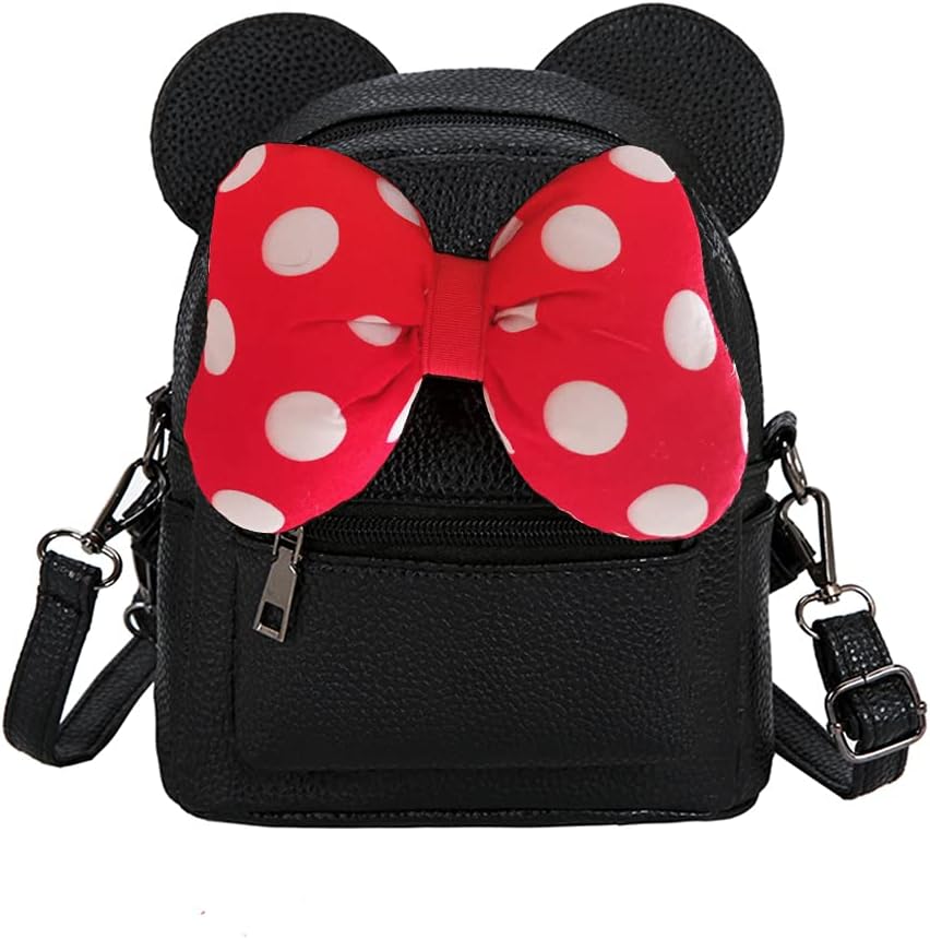 Sunwel Fashion Girls Mini Backpack Purse Mouse Ear Polka-dot Sequin Bow Convertible Backpack to Crossbody Bag for Women (black cotton polkadot bow, W8.7 x H10)