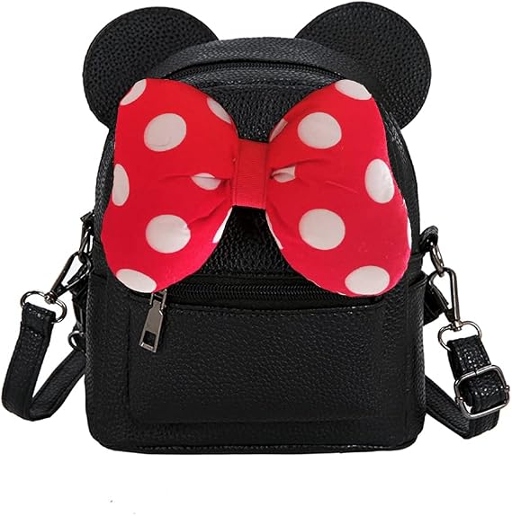 Sunwel Fashion Girls Mini Backpack Purse Mouse Ear Polka-dot Sequin Bow Convertible Backpack to Crossbody Bag for Women (black cotton polkadot bow, W7.5 x H8.7)