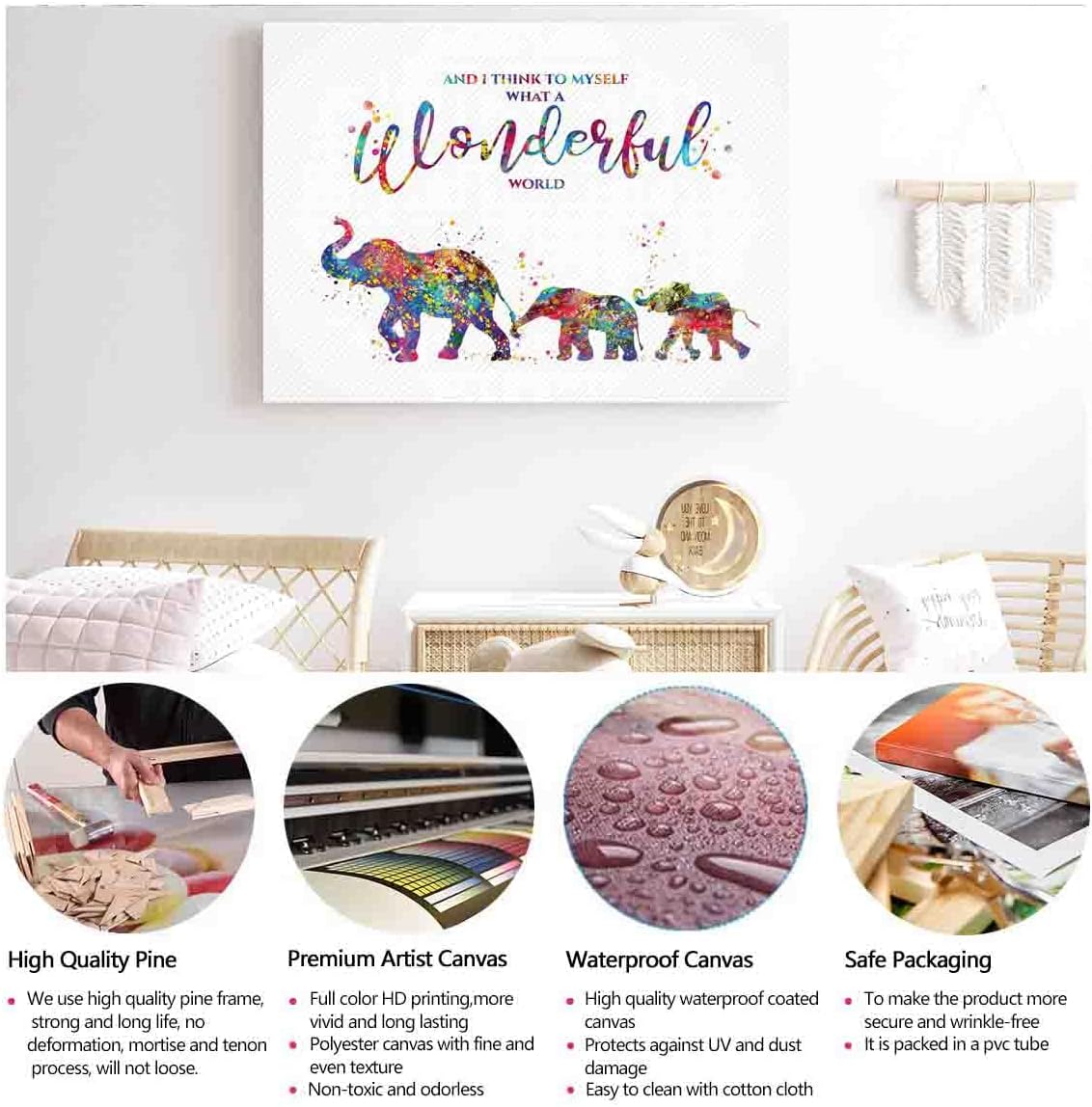 Watercolor Abstract Canvas Wall Art,Elephants Family Watercolor Print Mom And Two Baby What A Wonderful World Quote Wedding Gift Wall Art Anniversary Wall Art-12"X18" Canvas Print With Frame