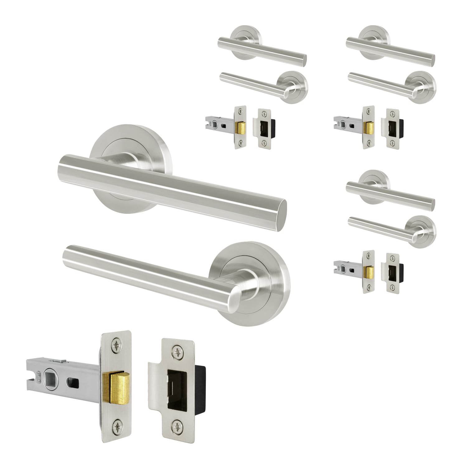 EAI Door Handle Latch Set Satin Nickel - Pack of 4 | Round T-Bar Internal Door Handles & Latch (64mm) | Satin Lever on Rose Oliena Range โ image 1