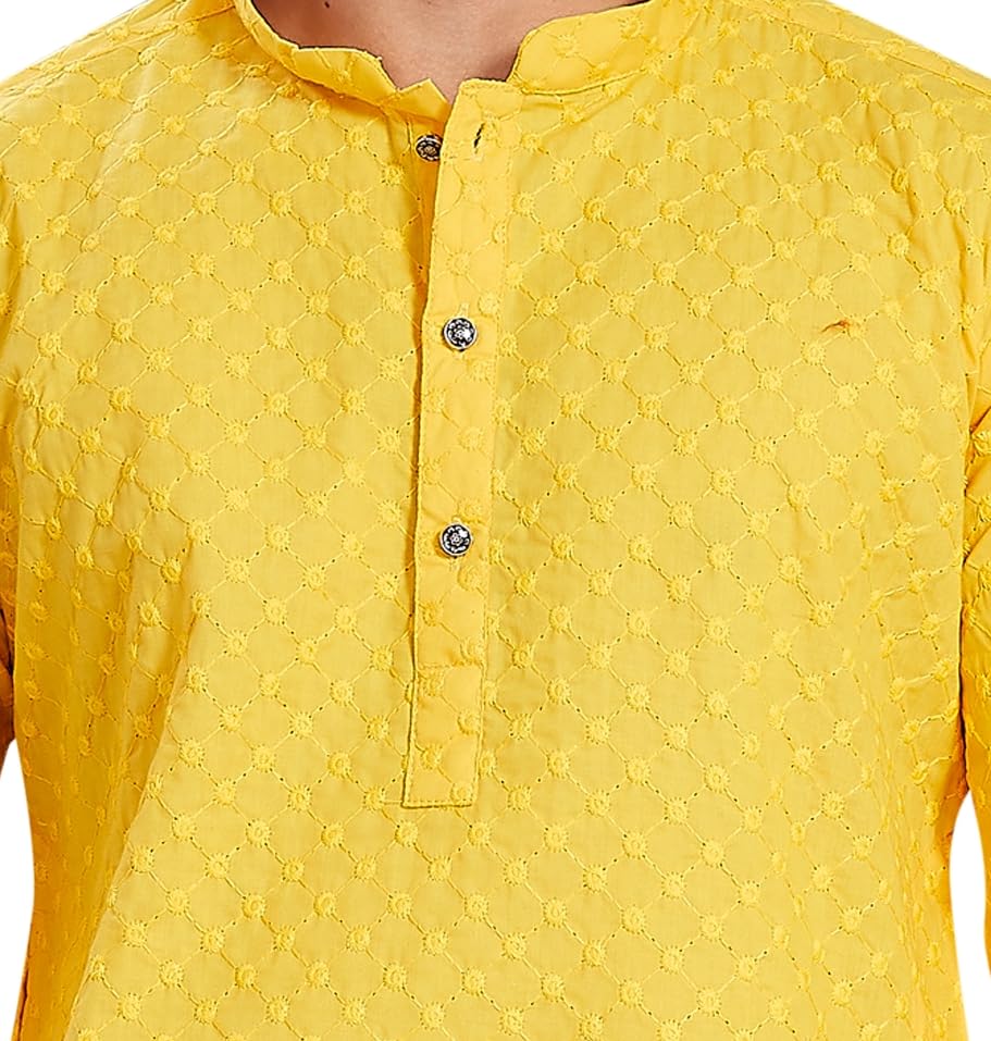 Divisive Men's Thread Embroidered Cotton Only Slim Fit Kurta (Dkrt638_S_Yellow)