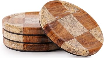 Marble Coasters Set of 4, Coral & Red Handmade 4 inch Round Natural Marble Coaster, Elegant Drink Checkered Coaster Plates for Coffee Table, Stylish Bar Accessories & Home Decor