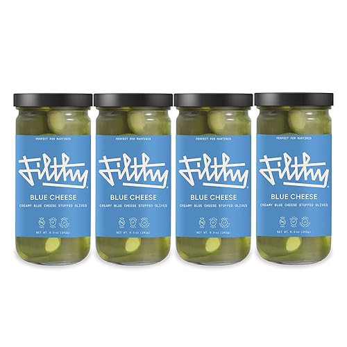 Filthy Food Filthy Blue Cheese - Aceitunas rellenas de queso azul – Guarnición de Martini prémium – Sin OMG y sin gluten – Tarro de 8 onzas, 4