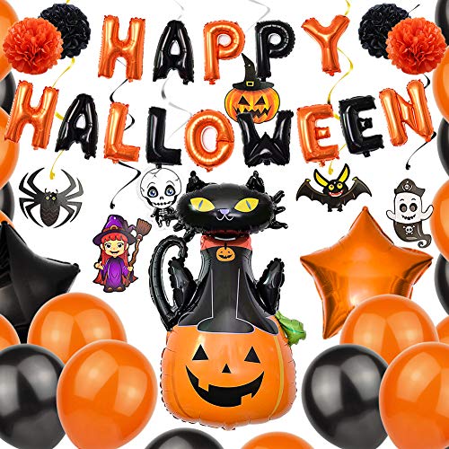 DIAOPROTECT Halloween Deko Set, Halloween Luftballon Happy Halloween Banner Folienballon Kürbis Girlande Halloween Dekoration Latexballon Kinder Halloween Party (Katze)