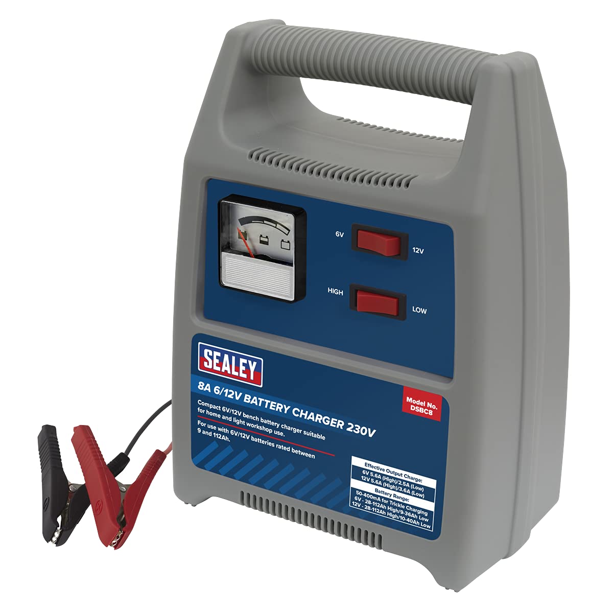 Sealey Battery Charger 6/12V 8Amp 230V Carry Handle Easy Read Indicator DSBC8