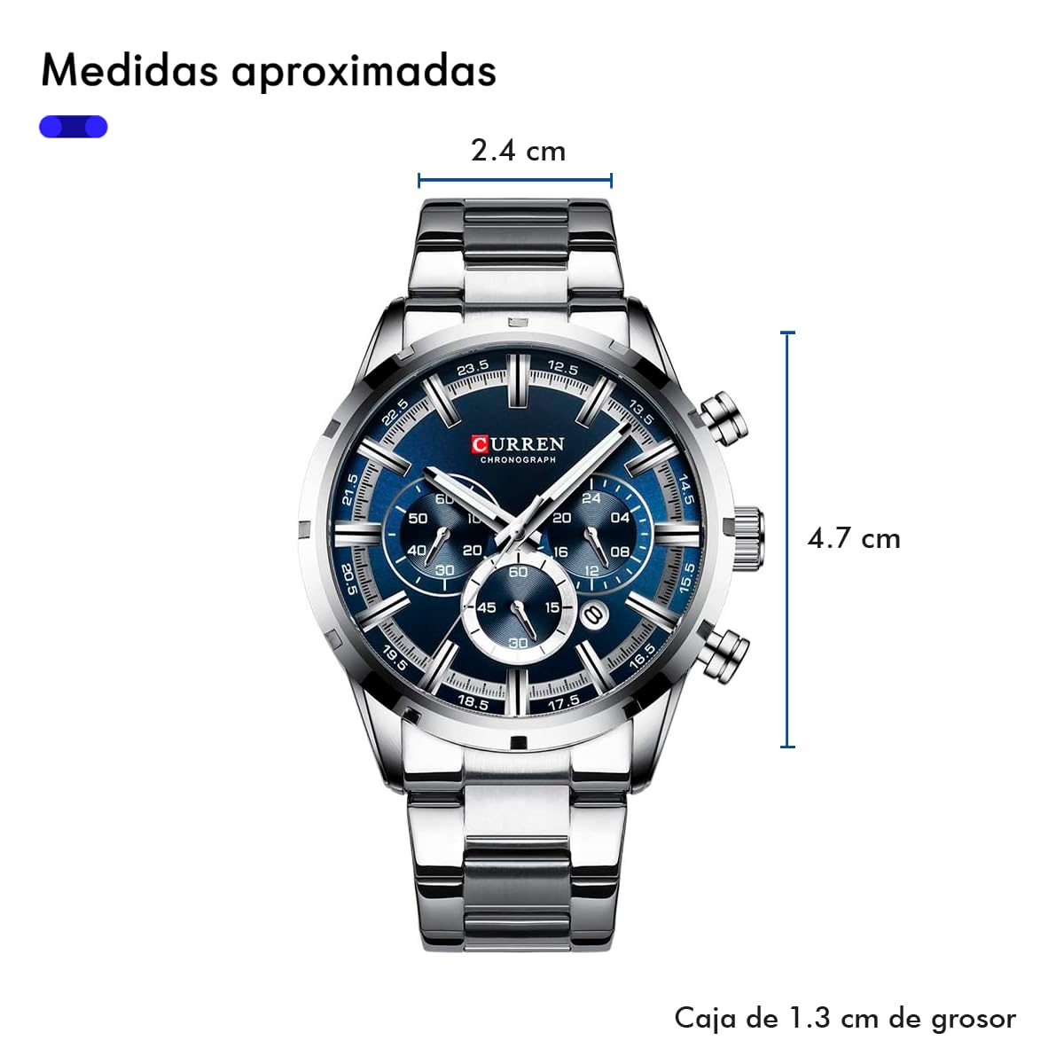 CURREN Reloj de Pulsera para Hombre, Análogo, con Fechador, Cronógrafo, Robusto y Extensible de Acero Inoxidable, Elegante y Moderno, Broche a Presión, Plateado, m, pulsera