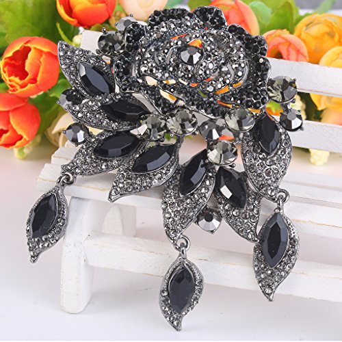 Image of EVER FAITH Rose Flower Leaf Brooch Pendant Austrian Crystal