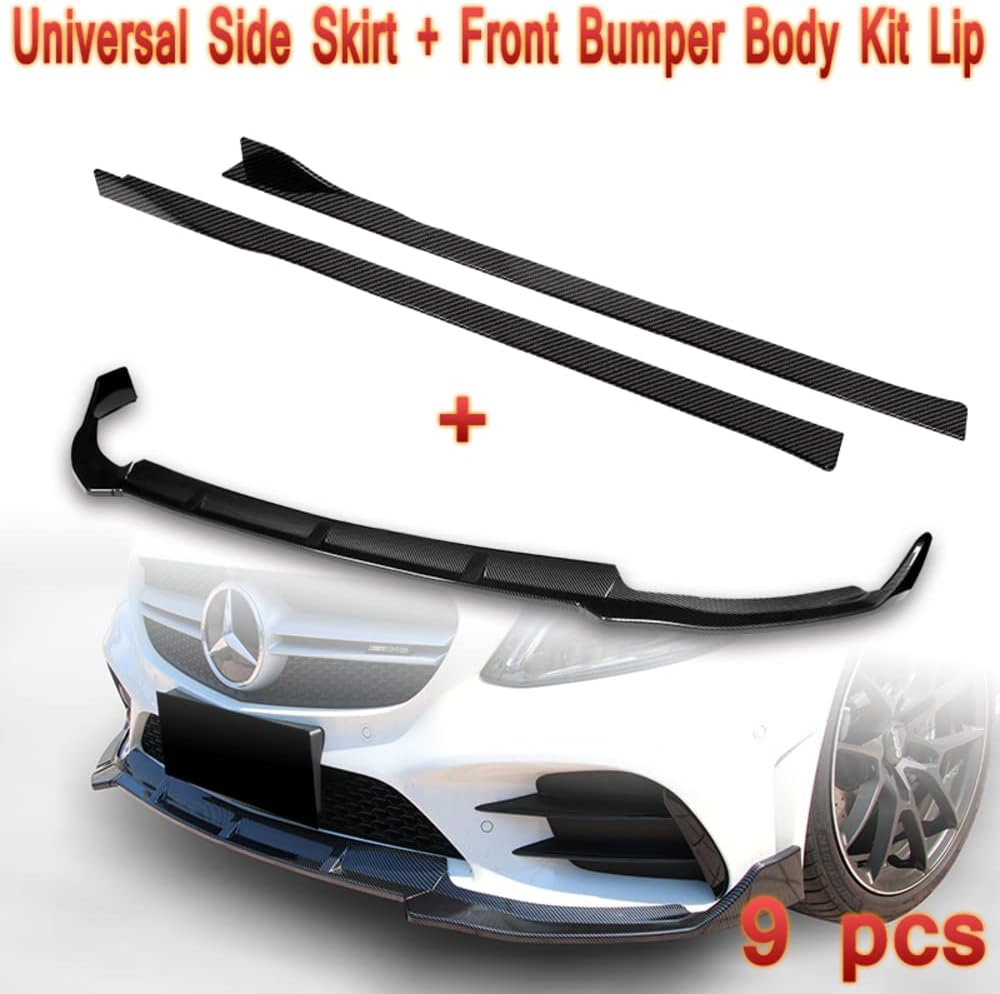 Q1-TECH, 9-Piece Front Bumper Lip & Side Skirt Extensions Diffuser Compatible with 2019-2021 Mercedes-Benz C-Class W205 Model Only, Front Lip Spoiler Air Chin Body Splitter ABS (Painted Carbon)