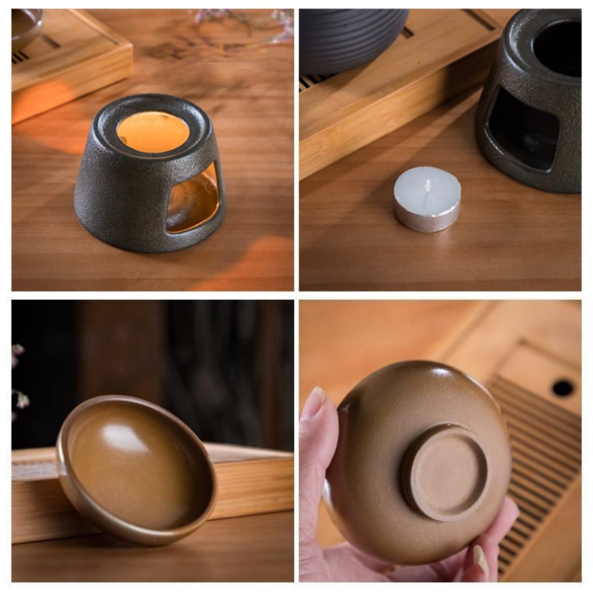 Bruciatore di oli essenziali e diffusore di cera, fatto a mano, grande capacità, portacandele in ceramica per aromaterapia, decorazione per la casa e la camera da letto, elegante design marrone