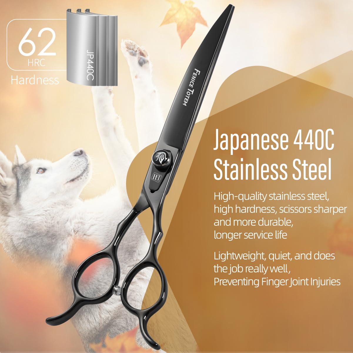 Fenice Totem Dog Grooming Scissors: 8 inch Bright Black Pet Curved Shears Made Of Japanese 440C Advanced Stainless Steel Professional Grooming Scissors for Dogs Cats and Other Pets