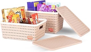 Nayasa Gloria Basket for Storage | Vegetable & Fruit Basket | Storage Box and Organiser Plastic Basket with Lid | Multipurpose Kitchen Organizer Rack | 1 Big & 1 Medium - Set of 2 | Beige
