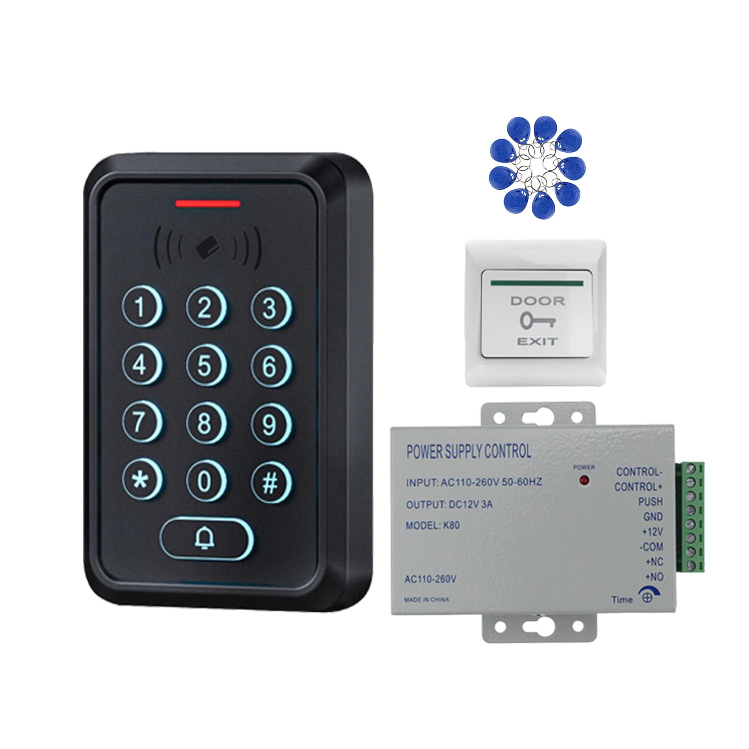 RFID Zutrittskontrollsystem Set mit Dualfrequenz (ID + IC/NFC) – IP68 Controller mit beleuchteter Silikon-Tastatur, DC 12V 3A Netzteil, Exit-Taster und 10× 125kHz RFID Schlüsselanhänger(5)