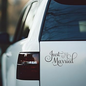 Just Married Wedding Decal with Hearts, Black Script Design, Decorative Car Merry Logo Sticker,Window and Car Bumper Glossy Self adheisve Stickers JPX118 Black