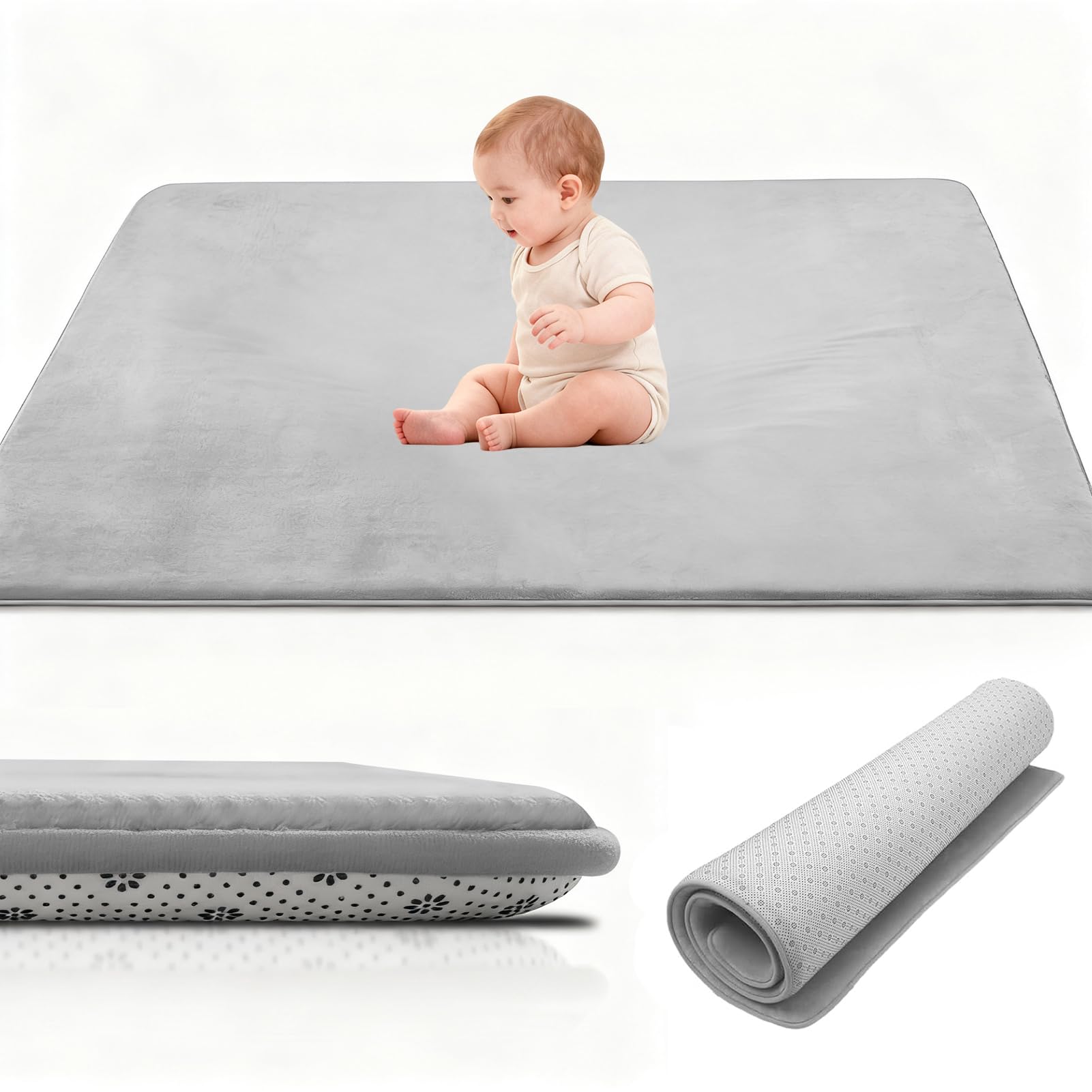 Stqyeiw Coral Velvet Thick Baby Play Mat, 2cm Memory Foam Rug, Baby Crawl Mat, Large Baby Activity Play Mat, Non Slip Children's Floor Tatami Rugs 190 x 240 cm Silver Grey