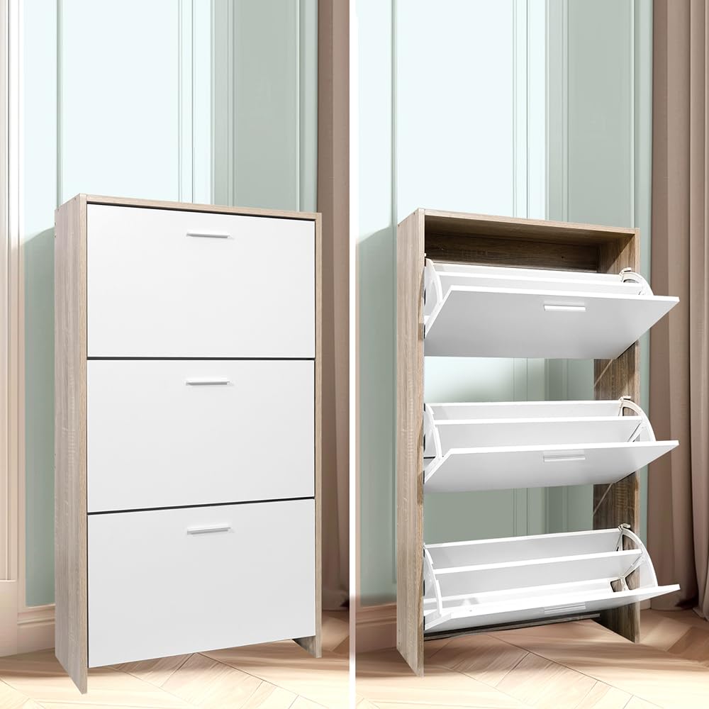 CASABEL, Mueble Zapatero de 18 Pares, Estantería de Gran Capacidad para vestíbulo o Pasillo, (Ancho) 60 x (Profundidad) 24 x (Alto) 113 cm, Madera Clara Blanca