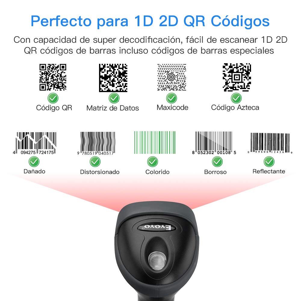 Eyoyo 2D Escáner de Códigos de Barras con Cable, 1D Lector de Códigos de Barras QR de Mano CCD Data Matrix, Pistola Código Barras con Escaneo Automático para Windows MacOS Linux Supermercado Farmacia