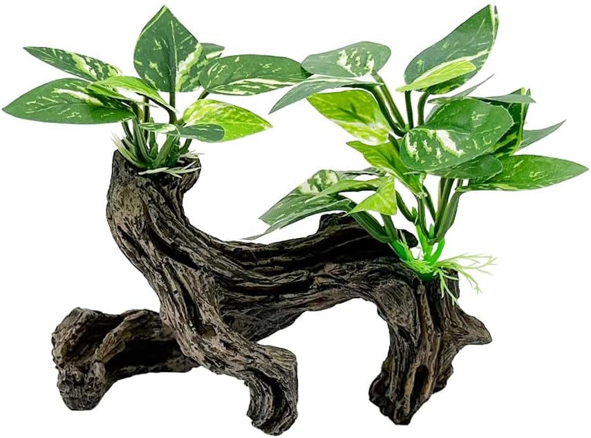 Smoothedo-Pets Fish Tank Large Decorations Betta Fish/Bugs/Aquarium/Turtle/Reptile Decoration 5.5inch Rock Caves Shrimp Cichlid Hiding Breeding Spawning Driftwood Plants Ornaments (Green Leaf/Wood)