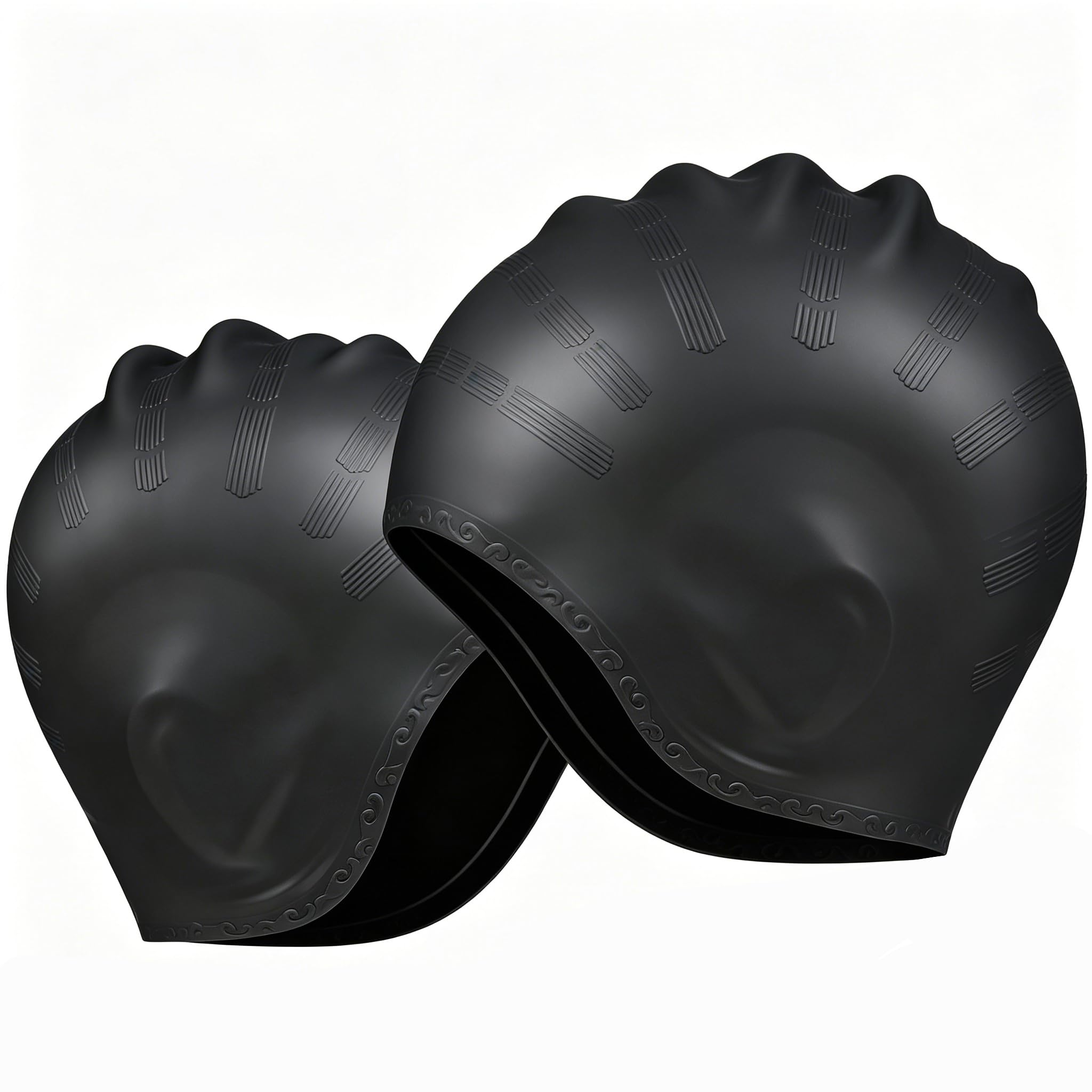 2-Pack Swim Cap with Ear Protection, Black Silicone Swimming Hat for Women Men, Waterproof Bathing Cap Pool Training