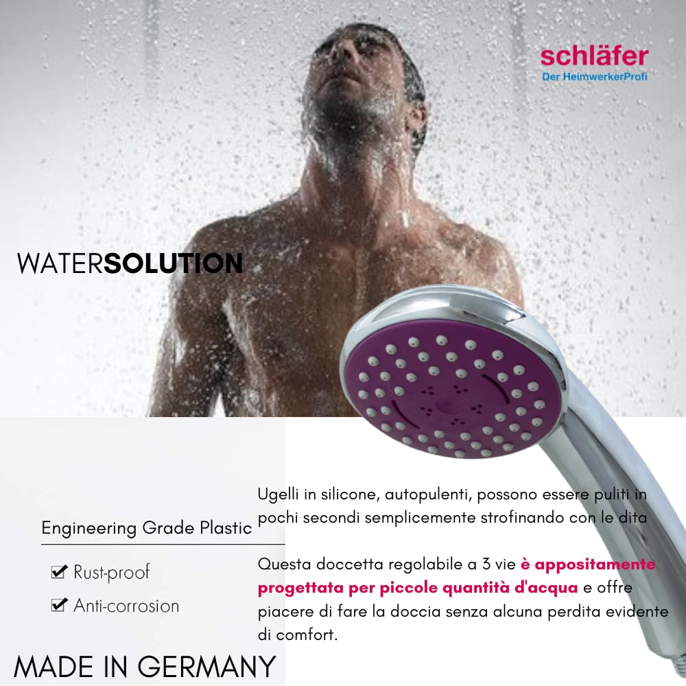 Schläfer Alcachofa de ducha universal 1305100, alcachofa de ducha universal, color violeta, 3 chorros antical, cromo, fabricado en Alemania, ahorro de agua, ducha de lluvia y función de masaje