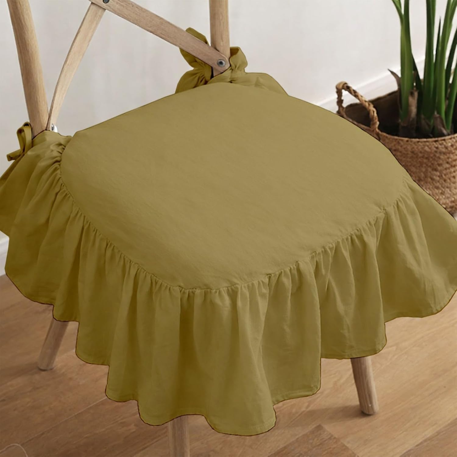 Ruffled Chair Cushion Covers 2 Pack, Egyptian Cotton 17.5x17.5 Inch Tie Slipcovers, French Ruffles Farmhouse for Dining Patio Wicker Chairs, Soft Non-Slip Burgundy(Taupe,Pack of 8)