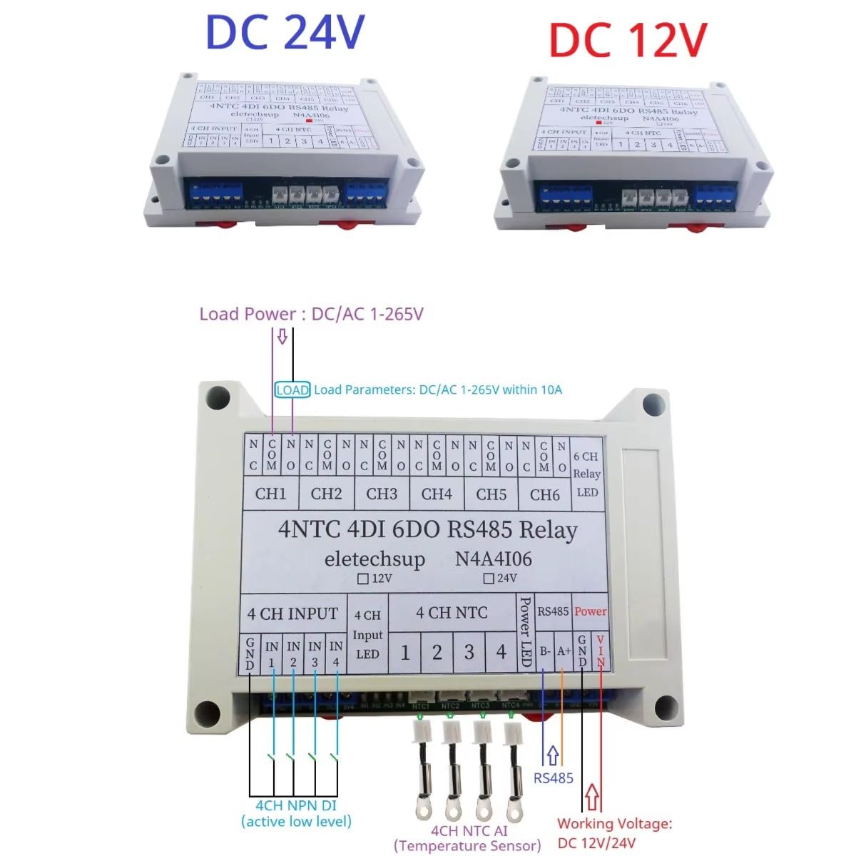 PLC IO Expansion Board, 4CH NTC Temperature Sensor Data Logger, 4DI 6DO Relay Module, Modbus RTU, 12V/24V DC for Industrial Automation (DC 12V)