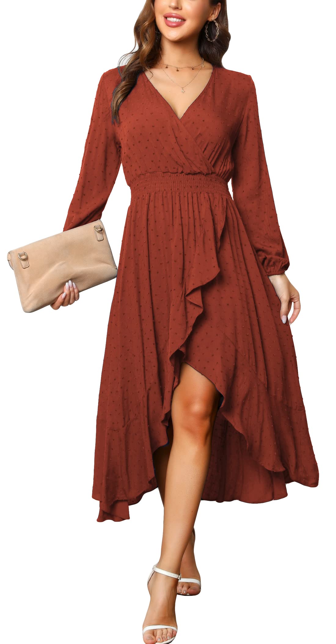 KormeiWomen V Neck High Low Flowy Boho Dots Long Sleeve Party Long Maxi Dress