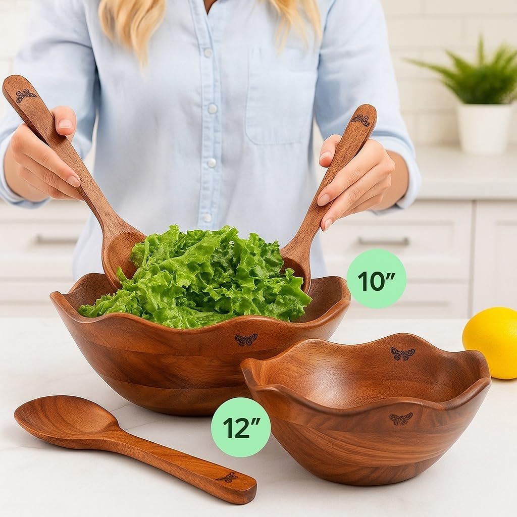 Melvvi Large Wooden Salad Bowl Set of 2 with 2 Serving Utensils | 10" &12 inch Extra Large Acacia Wood Serving Bowls | Great gift for mothers (Natural Set of 4)