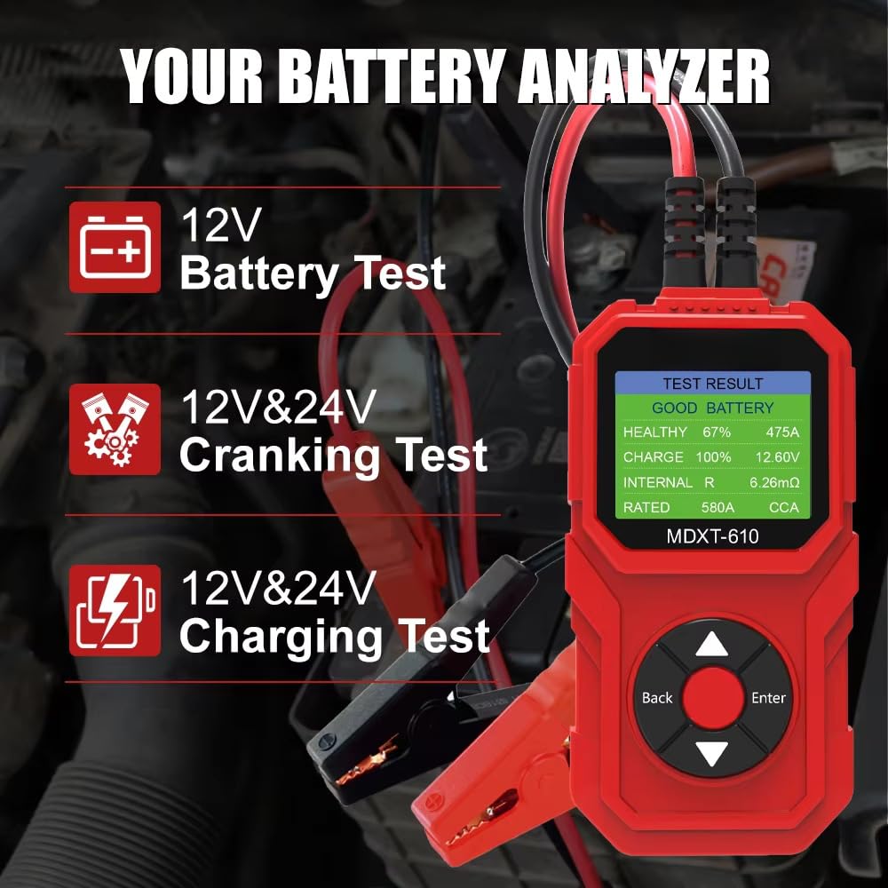 MDXT-610 - Comprobador de batería de coche, 12 V, medidor de resistencia interna para coche, nivel de carga SOH SOC, sistema de arranque y prueba de generador con pantalla LCD