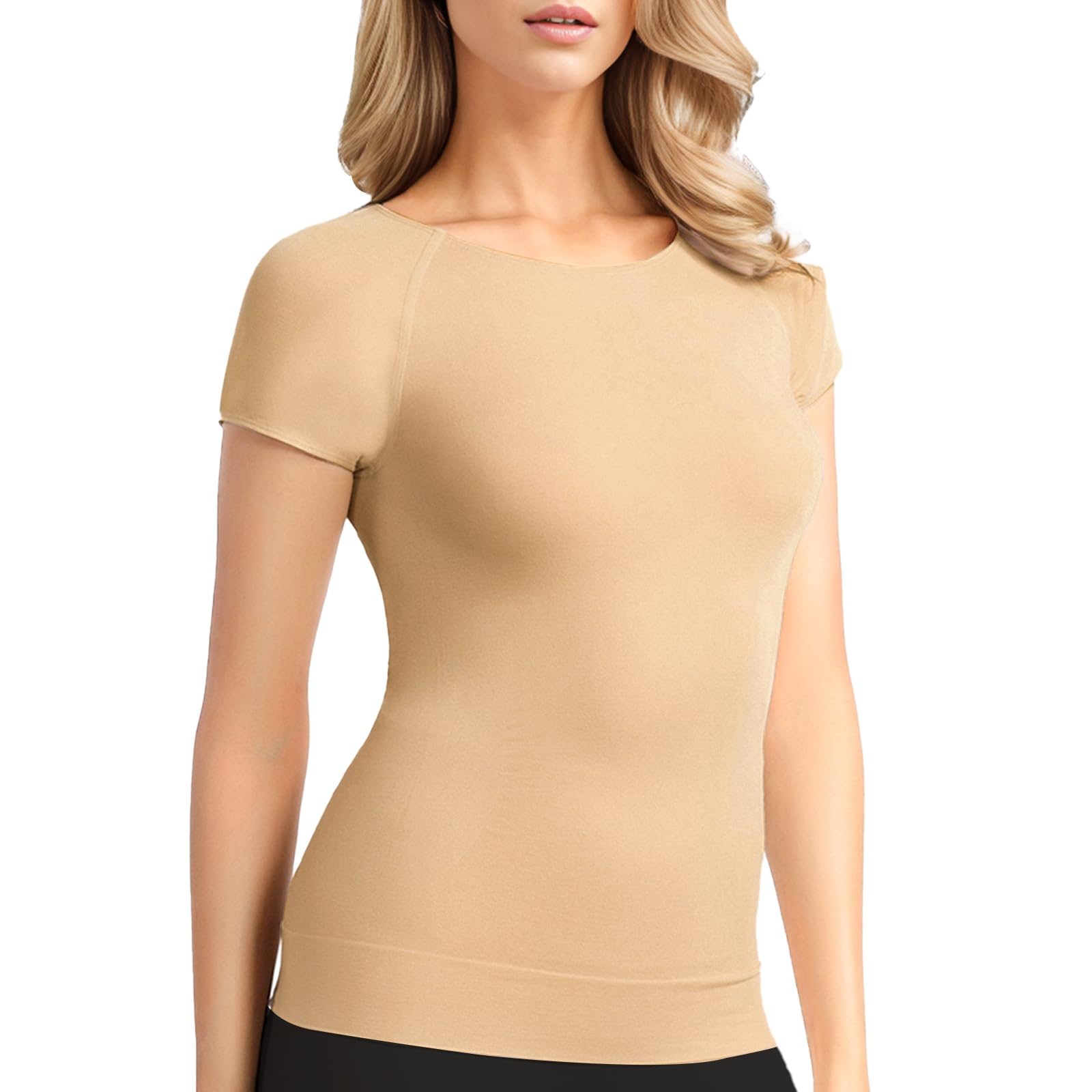 Photo 1 of +MD Women's Seamless Short Sleeve Undershirt, Light Compression Scoop Neck Tank Top, Tummy Control Basic Tee Camisole (Nude,L)