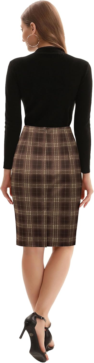 Kate Kasin Womens Knee Length Elastic Waist Stretchy Bodycon Plaid Business Pencil Skirt - Image 4