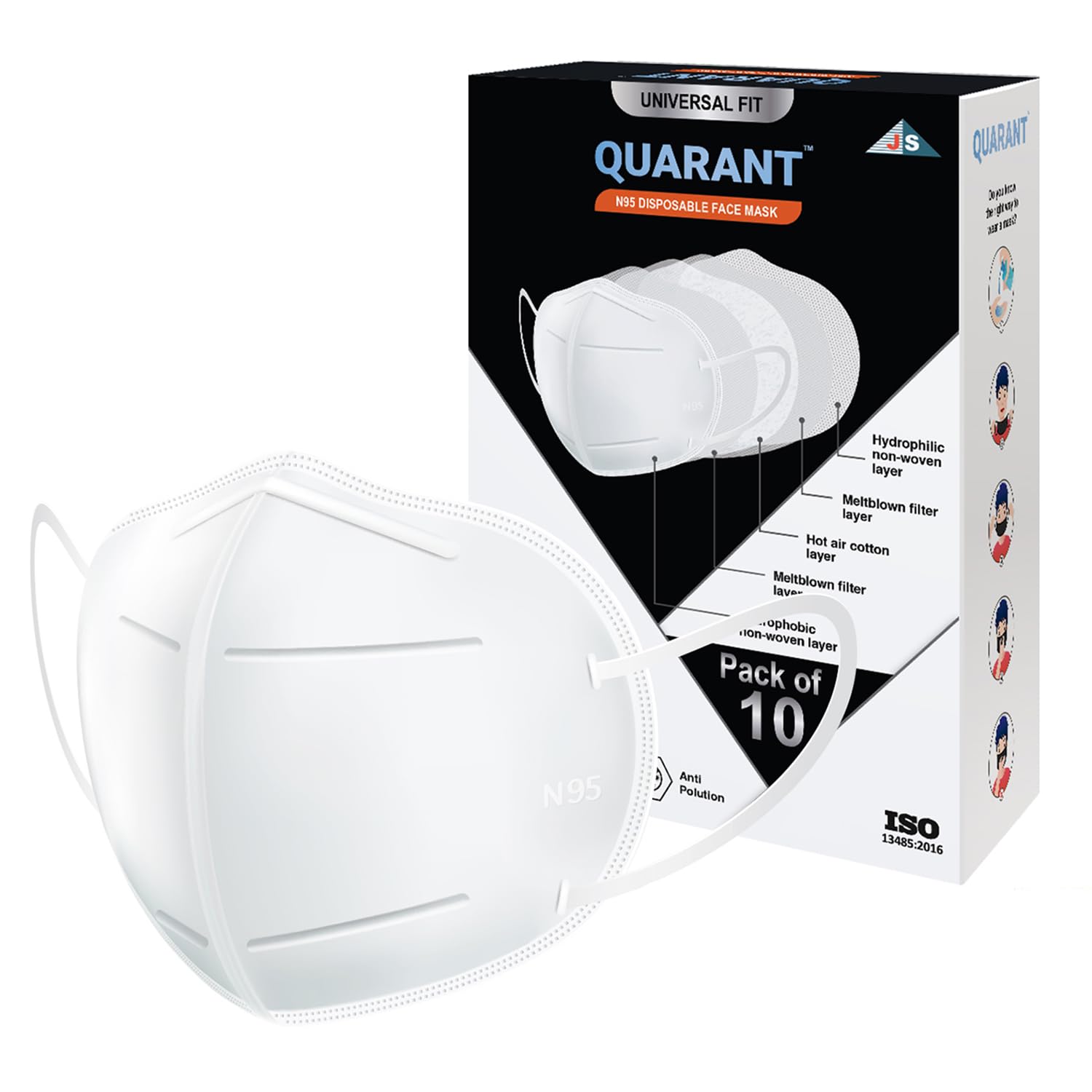 QUARANT N95 Face Mask with Nose Clip, CE, ISI & BIS Certified, FFP2 Masks with 5 Layer Protection for Unisex