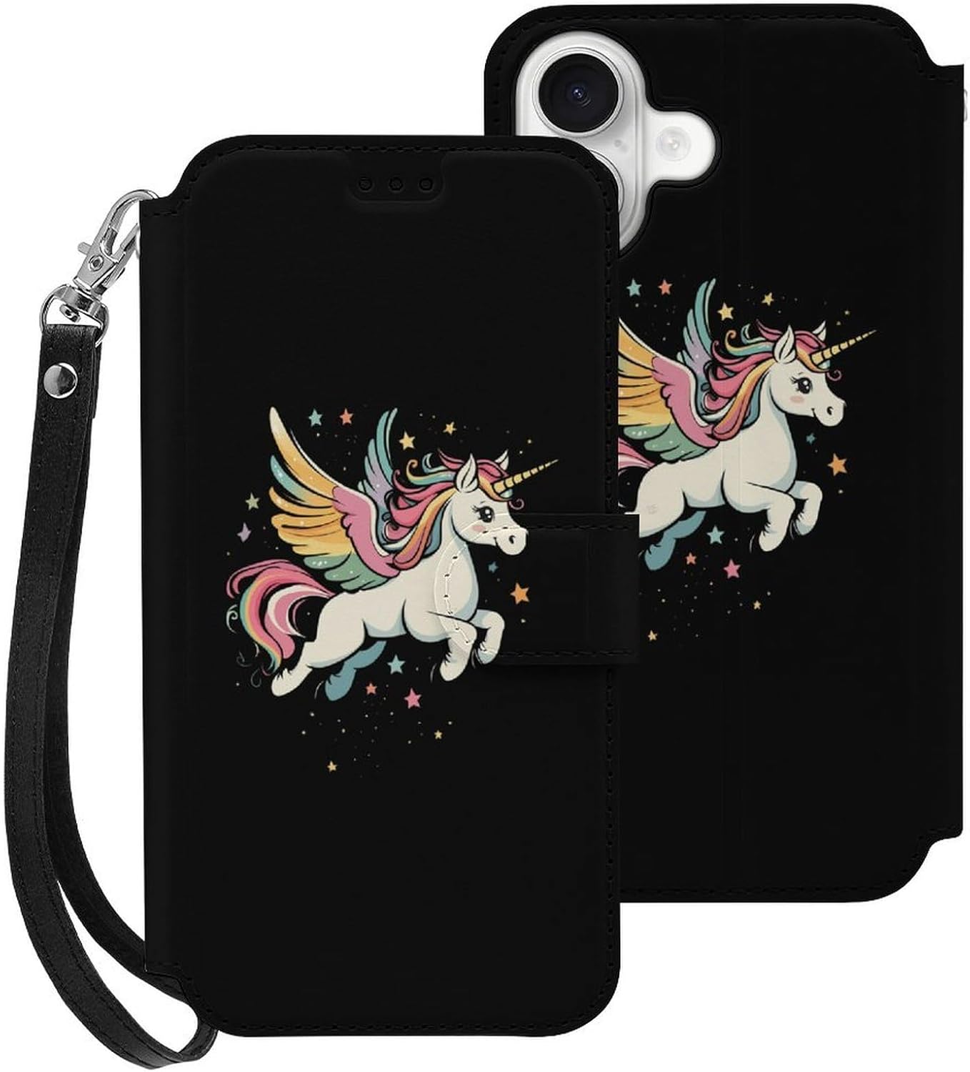 Cute Unicorm Compatible with iPhone 16/16 Plus/16 Pro/16 Pro Max/16 E Case Phone Wallet Card Holder Flip Cover with Wrist Strap