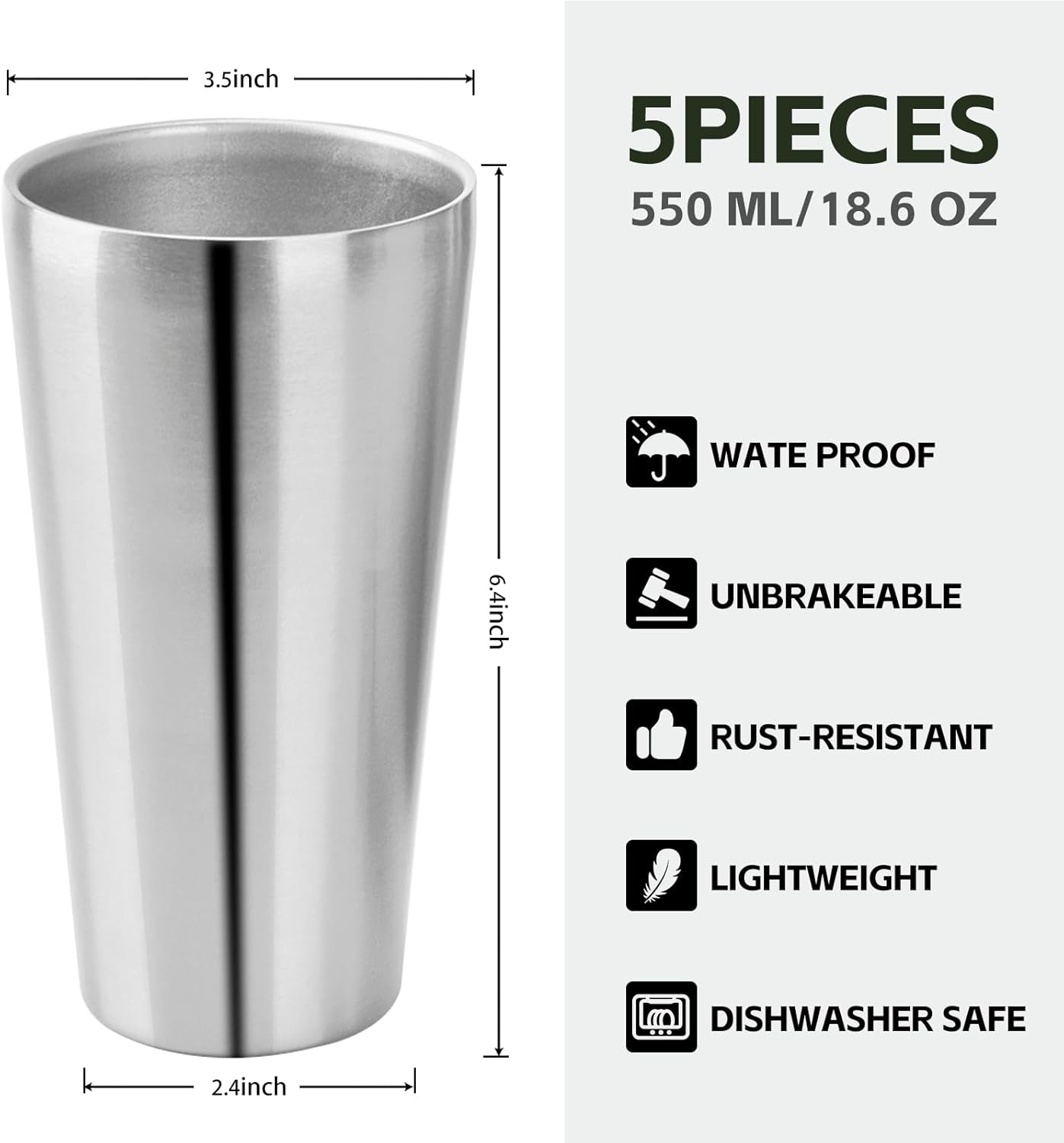5 Pack 18.6oz Stainless Steel Insulated Cup, Double Wall Vacuum Small Metal Cup, Reusable Camping Cups Unbreakable Indoor Outdoor for Party, Home, Office, BBQ, Sliver - Image 2