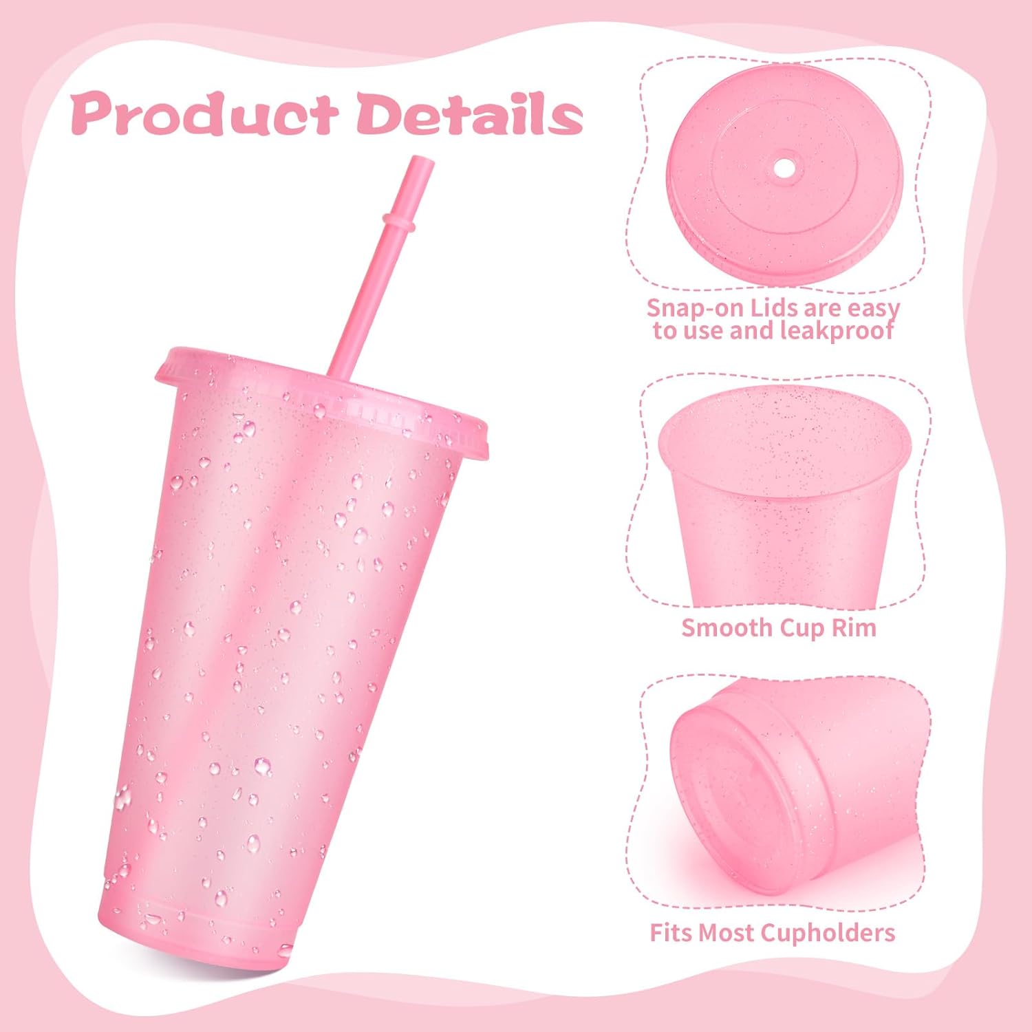 Hooqict 7 Pack Reusable Cups with Lids and Straws 24 oz Glitter Plastic Tumbler Water Iced Coffee Travel Mugs Pink Party Favor Cups for Smoothie Juice Beach Birthday Bachelor Girls Princess Party