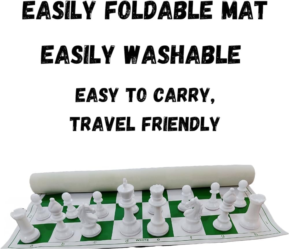 Best Value Tournament Chess Set 17"x 17" Staunton Chess Pieces and Green Roll-Up Vinyl Chess Board, Plastic Pieces & Bag