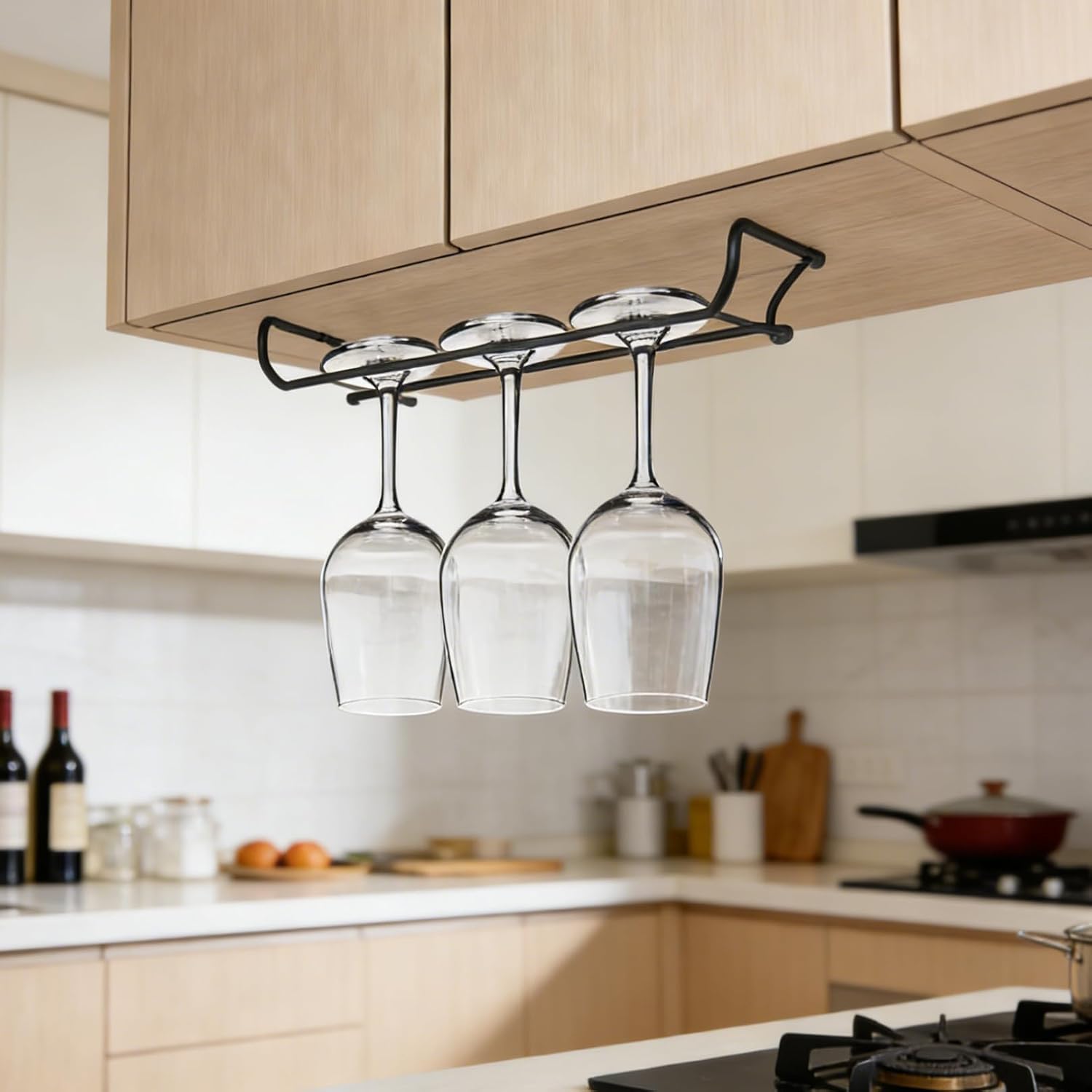 Wine Glass Rack Under Cabinet 6 Pcs, Single Row Hanging Wine Glass Holder, 10.2 X 3.9 X 1.3 In, Black Metal Rack, Easy Installation For Home, Bar, Kitchen