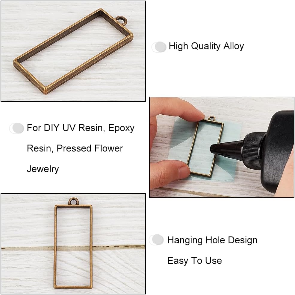 OLYCRAFT 60Pcs Metal Open Back Bezel Pendants 2 Sizes Rectangle Hollow Frame Charms Open Frame Pendant Blank Geometric Frames for Bracelet Necklace Jewelry Making - Brown/Gold/Silver