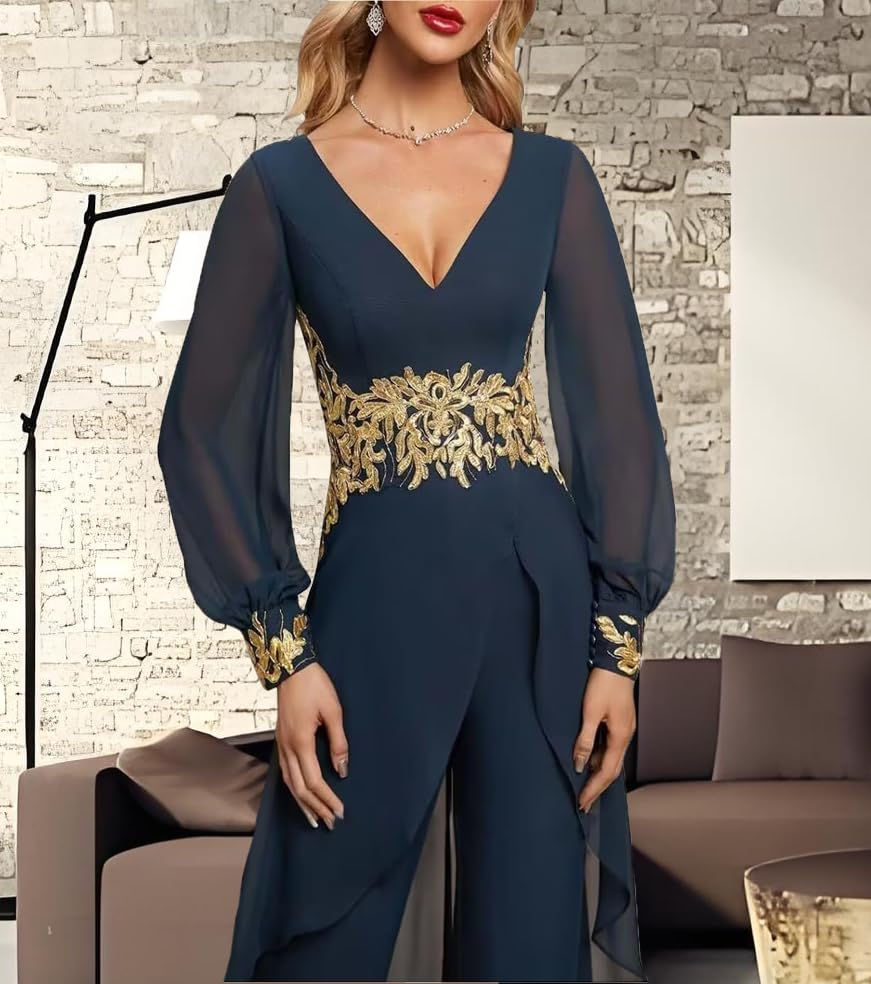 Mother of The Bride Pantsuits Chiffon Lace Applique Ruffles Formal Wedding Guest Dress Jumpsuit for Women4