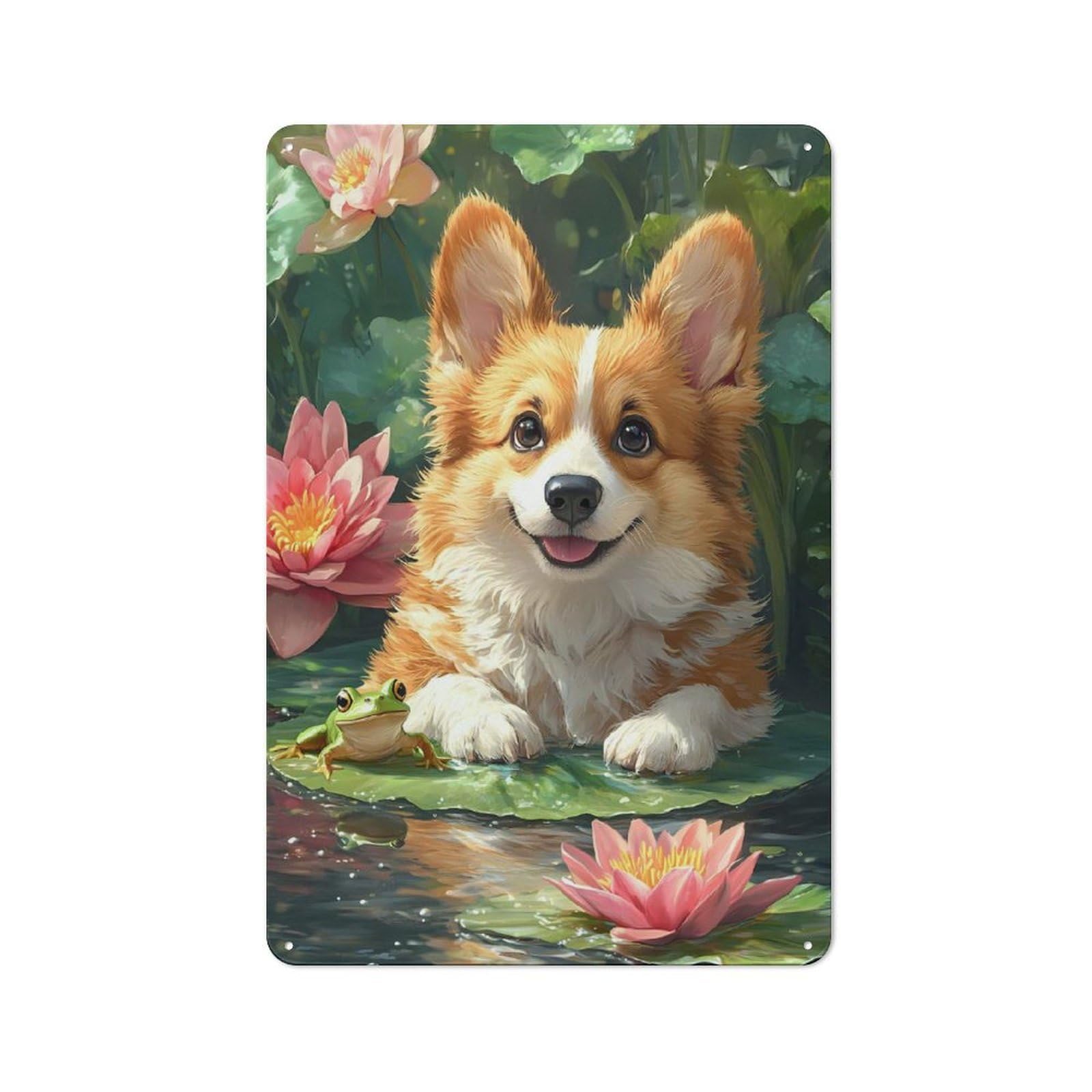 Junmoney Corgi And Frog In Lily Pond Vintage Tin Wall Plaque 30X20cm For Kitchen Or Home Bar, For Vintage Wall Decor Fans, For Themed Room Decoration