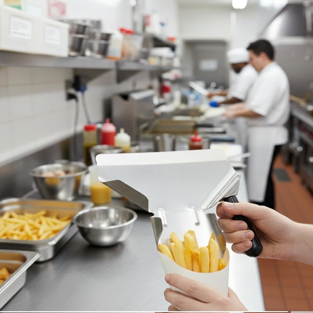 TrueCraftware- Commercial French Fry Bagger Stainless Steel Removable Right Handle- Popcorn Machine Commercial French Fry Bagger Scooper Speed Scoop Shovel for Potato Chips Snacks Popcorn Bar
