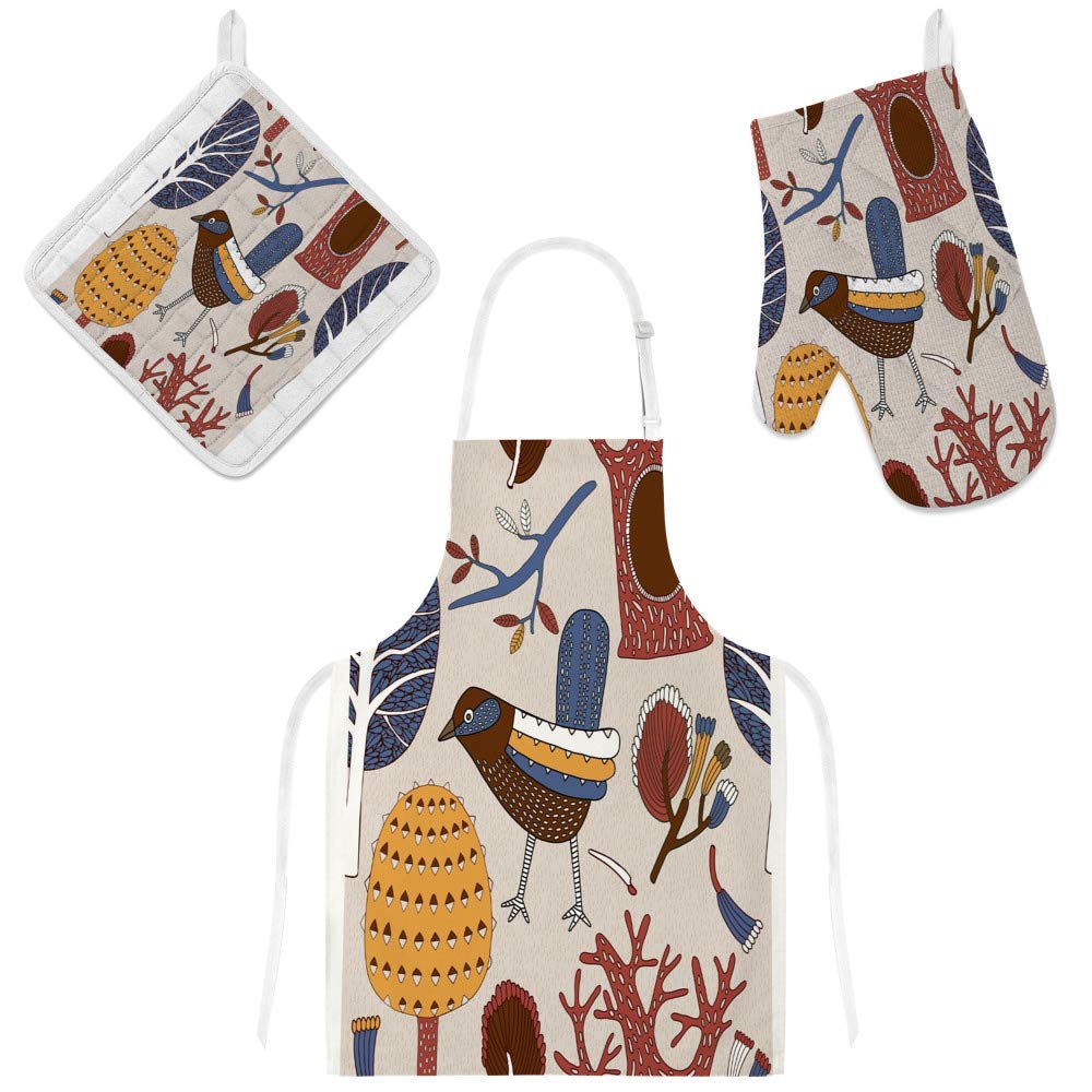 Tablier de cuisine motif oiseau et forêt avec gant : cadeau surprise