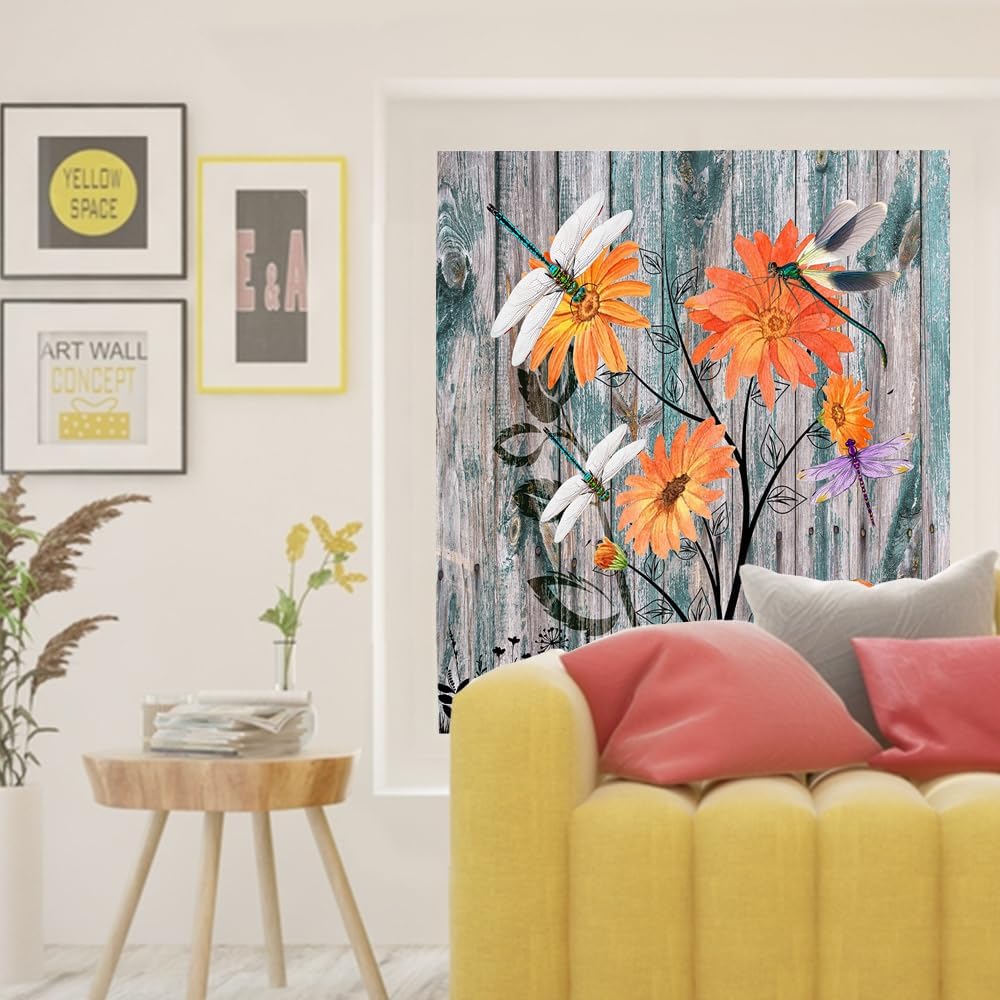 Abstract Wood Boards Dragonfly Window Privacy Film,Rustic Farmhouse Farm Floral Daisy Dragonfly Stained Glass Window Film Decor Window Cling for Home Window Sun Blocking-23.6W x78.7L in x1Pcs