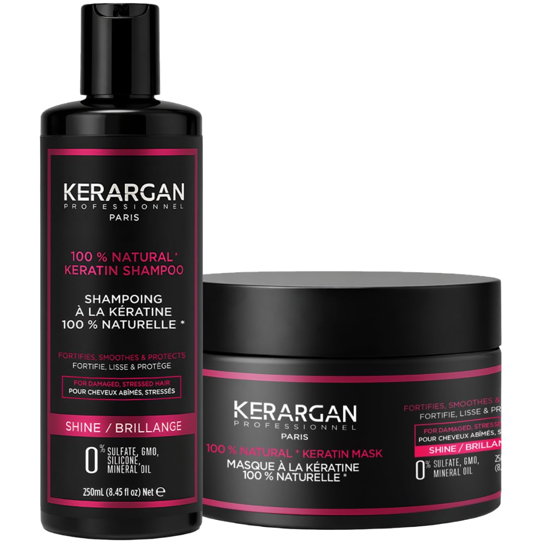 Kerargan - Duo Ultra Réparateur Shampoing & Masque à la Kératine pour Cheveux Abîmés et Stressés - Nourrit, Lisse, Protège - Sans Sulfate, Silicone, OGM, Huile Minérale - 2x250 ml