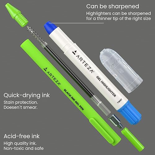 Miniatura 4 de ARTEZA Resaltadores de gel y bolígrafos negros, paquete de 24 con sacapuntas, sin manchas, sin sangrado, para páginas finas, diario, toma de notas,