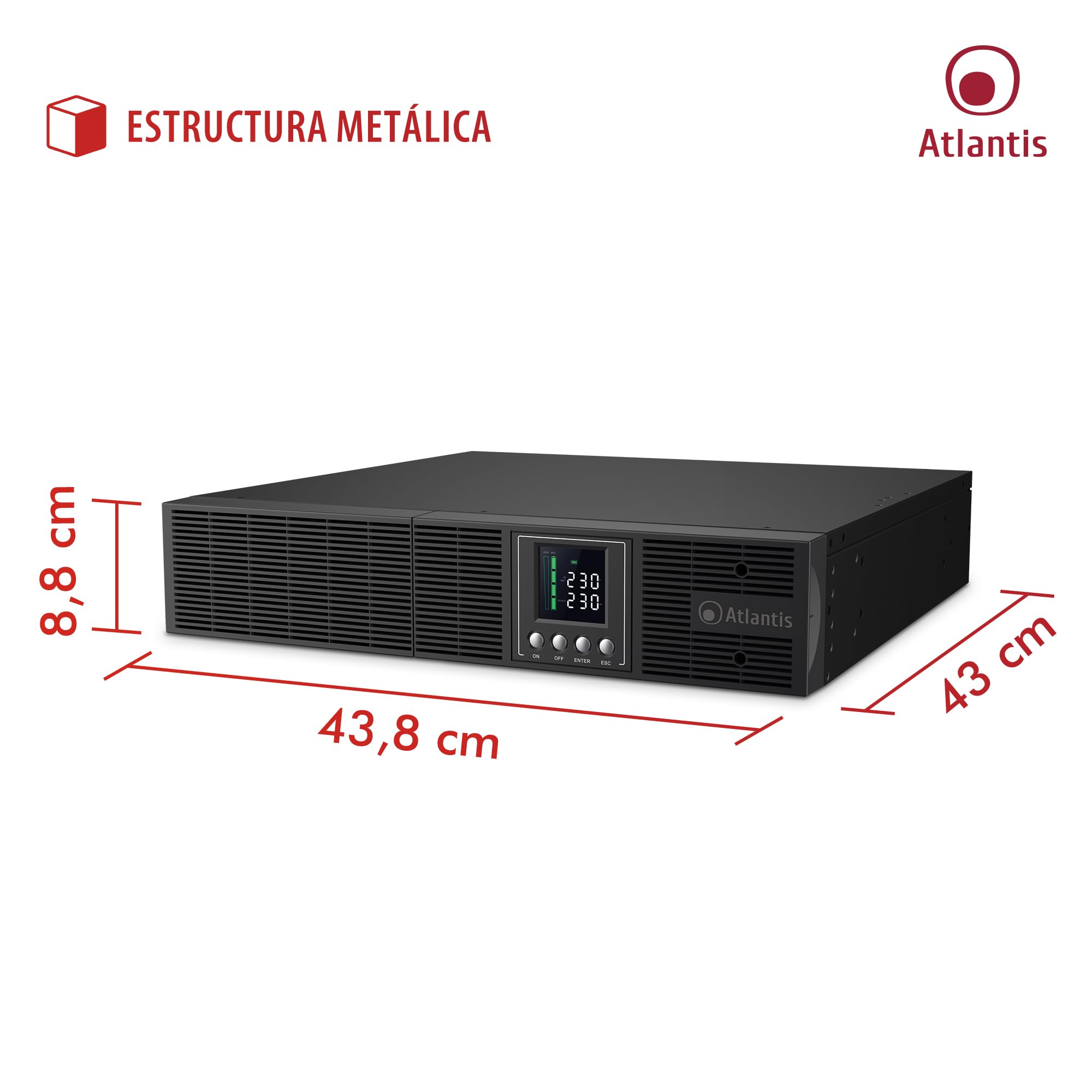 Atlantis A03-OP2002-RC UPS Sistema de alimentación ininterrumpida Online Doble conversión Onda sinusoidal Pura 2000VA 1350W, Servidor Rack, Pantalla LCD, USB, RS-232, 8 IEC, Ranura SNMP, 3x12V 9Ah