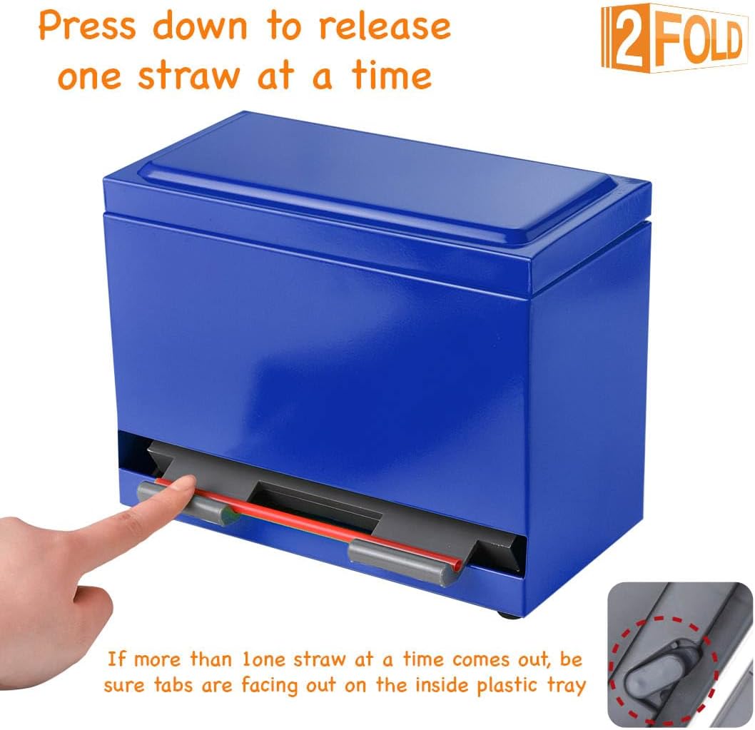 2Fold Stainless Steel Straw Dispenser - Drinking Straw Holder For Bulk Unwrapped Paper and Disposable Plastic Straws - Includes Custom Label Stickers (Blue)
