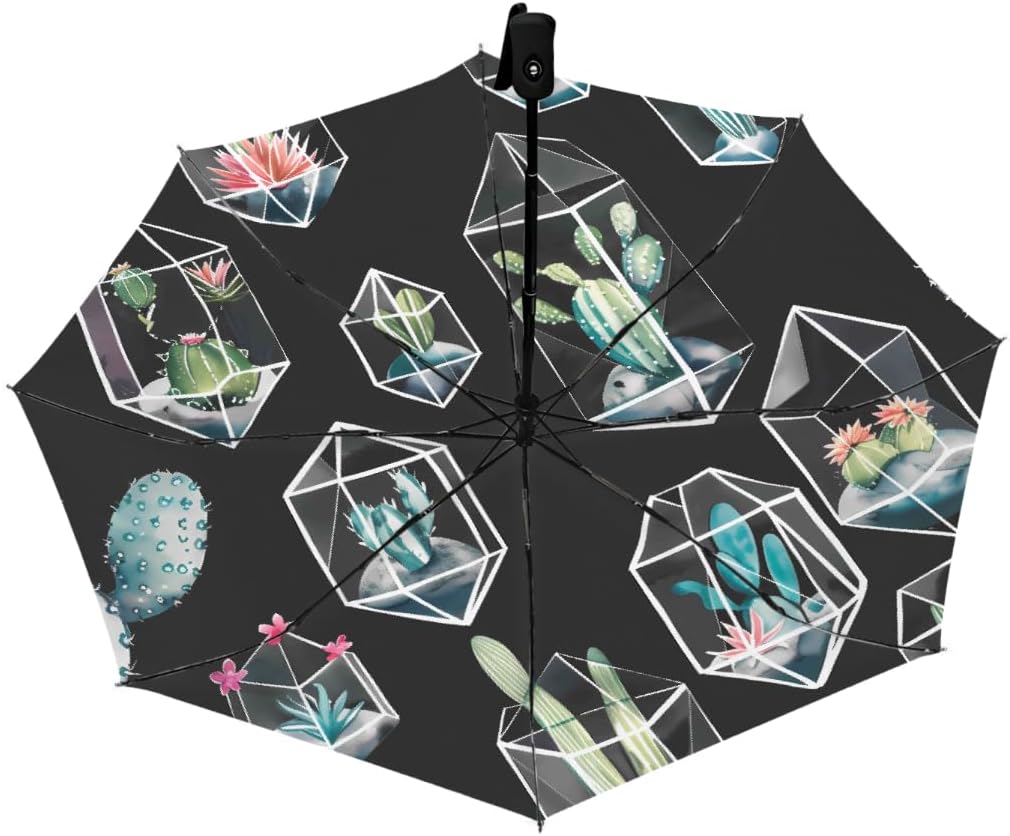 Watercolor Terrariums Cactus Folding Umbrella Windproof Compact Lightweight Travel Umbrella with 8 Reinforced Ribs, Portable UV Sun & Rain Protection for Men & Women