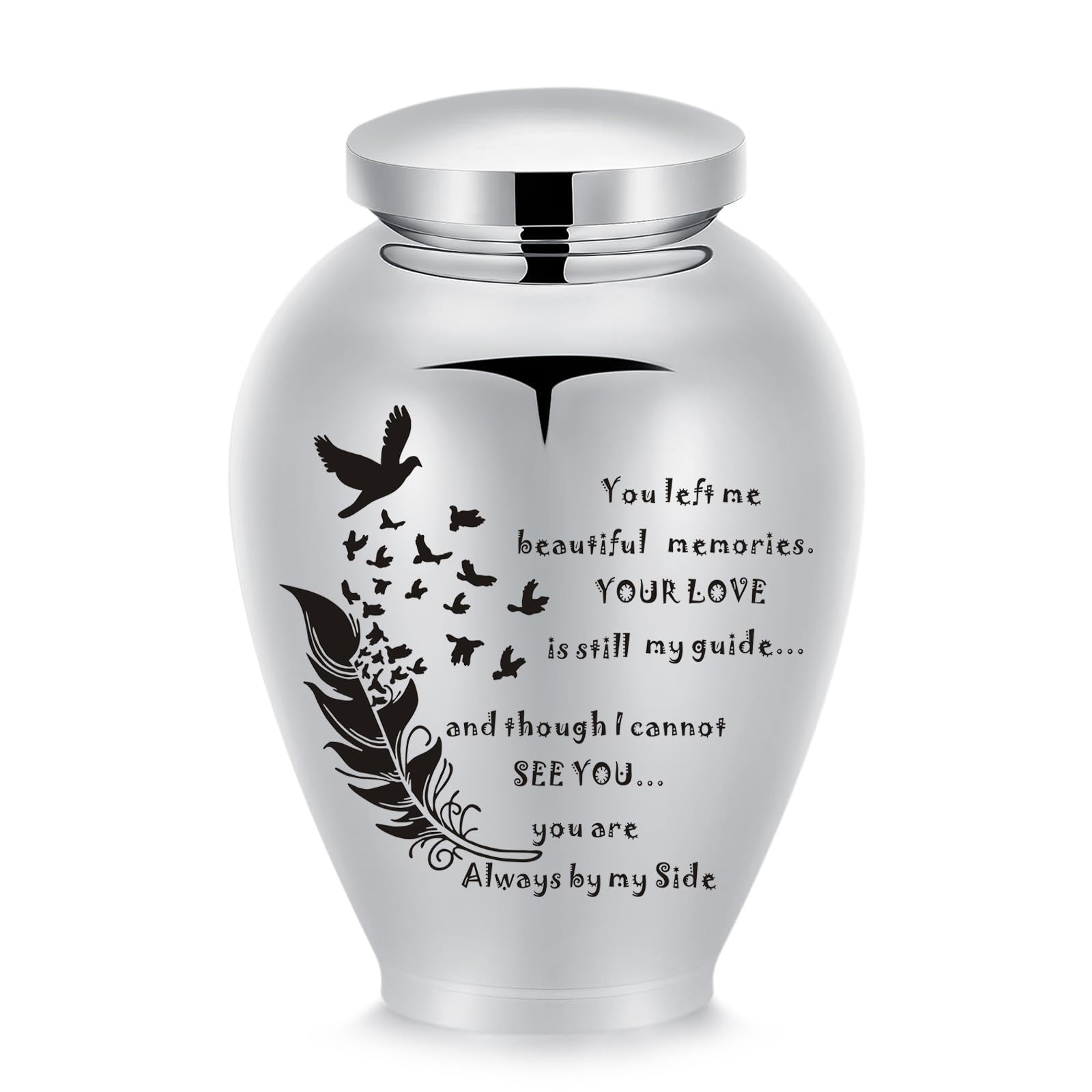 Large Cremation Urn for Human/Pet Ashes Stainless Steel Memorial Keepsake with Tree of Life Wings/Butterfly/Bird/Heart Funeral Ash Holder (Silver - 210 * 143mm - Always by my side)