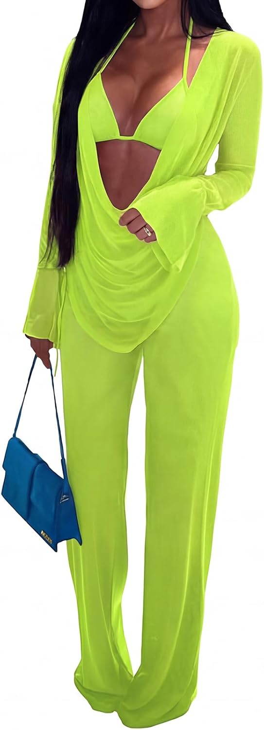 EDITCOZY Women Mesh Sheer 3pcs Outfits Long Sleeve Top Long Pant Bikini Cover Up