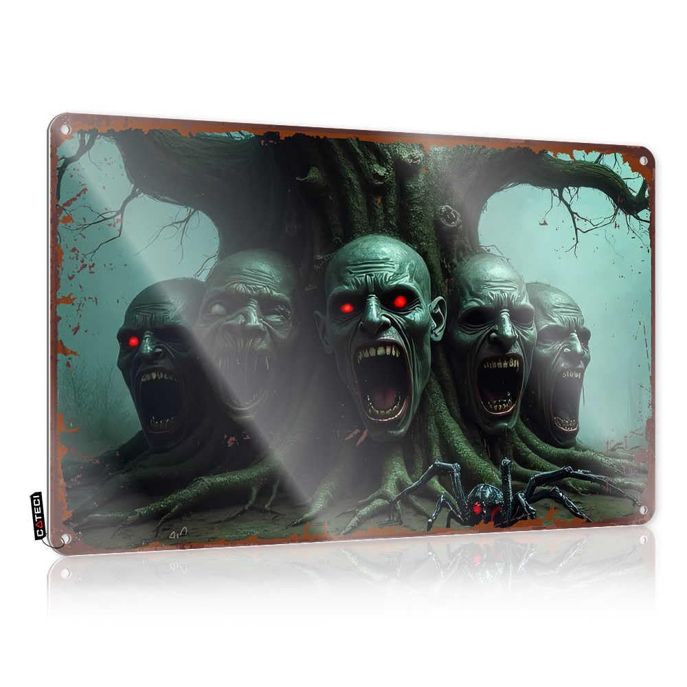 Fzfn Men's Colour Cool Wall Art Rustic Vintage Wall Art, Room Decorations Aesthetic Retro Decor Tin Sign For Home Bar | 8X12 Inch Spooky Tree Faces With Creepy Spider In Forest Perfect For Backyard(30X40cm)